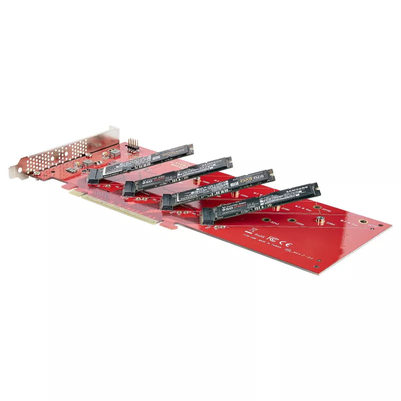 StarTech.com Tarjeta adaptadora PCIe Quad M.2, PCIe x16 a cuatro SSD NVMe o AHCI M.2, PCI Express 4.0, 7,8 GBps/unidad, requiere bifurcación, compatible con Windows/Linux