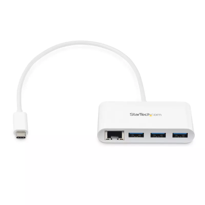 StarTech.com Hub USB-C de 3 puertos con Gigabit Ethernet – USB-C a 3x USB-A – Hub USB 3.0 – Blanco