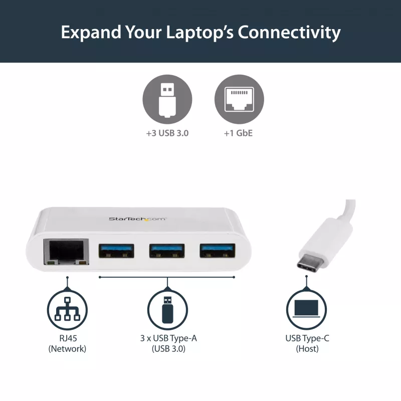 StarTech.com Hub USB-C de 3 puertos con Gigabit Ethernet – USB-C a 3x USB-A – Hub USB 3.0 – Blanco