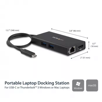 StarTech.com Adaptador multipuerto USB-C – Estación de acoplamiento de viaje USB-C con HDMI 4K – Power Delivery Pass-Through de 60 W, GbE, 2 puertos USB-A 3.0 Hub – Mini dock USB Type-C portátil para portátiles