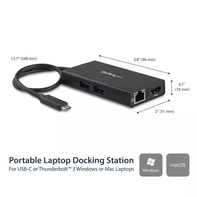 StarTech.com Adaptador multipuerto USB-C – Estación de acoplamiento de viaje USB-C con HDMI 4K – Power Delivery Pass-Through de 60 W, GbE, 2 puertos USB-A 3.0 Hub – Mini dock USB Type-C portátil para portátiles
