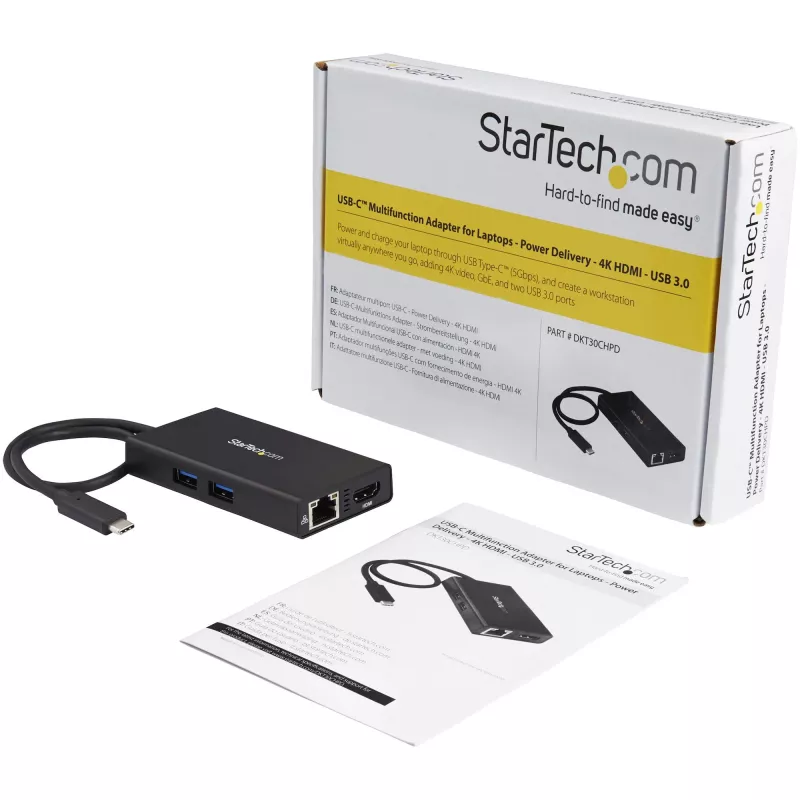 StarTech.com Adaptador multipuerto USB-C – Estación de acoplamiento de viaje USB-C con HDMI 4K – Power Delivery Pass-Through de 60 W, GbE, 2 puertos USB-A 3.0 Hub – Mini dock USB Type-C portátil para portátiles