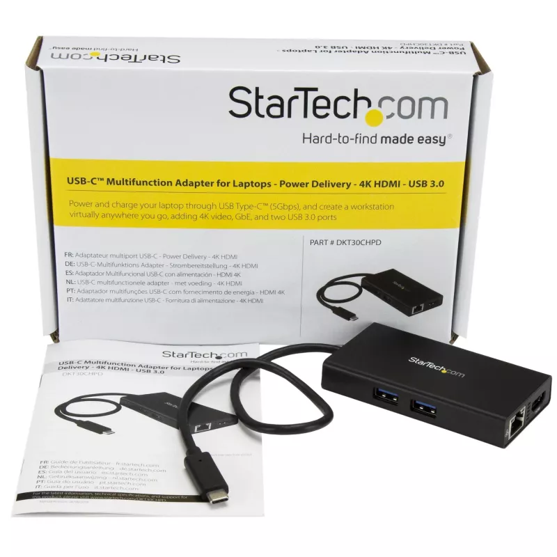 StarTech.com Adaptador multipuerto USB-C – Estación de acoplamiento de viaje USB-C con HDMI 4K – Power Delivery Pass-Through de 60 W, GbE, 2 puertos USB-A 3.0 Hub – Mini dock USB Type-C portátil para portátiles