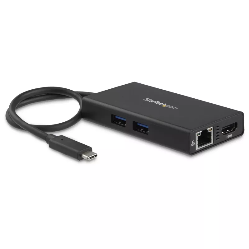StarTech.com Adaptador multipuerto USB-C – Estación de acoplamiento de viaje USB-C con HDMI 4K – Power Delivery Pass-Through de 60 W, GbE, 2 puertos USB-A 3.0 Hub – Mini dock USB Type-C portátil para portátiles