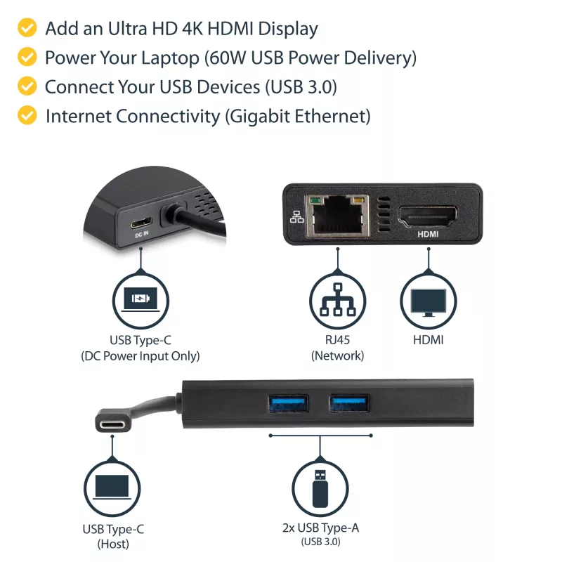 StarTech.com Adaptador multipuerto USB-C – Estación de acoplamiento de viaje USB-C con HDMI 4K – Power Delivery Pass-Through de 60 W, GbE, 2 puertos USB-A 3.0 Hub – Mini dock USB Type-C portátil para portátiles