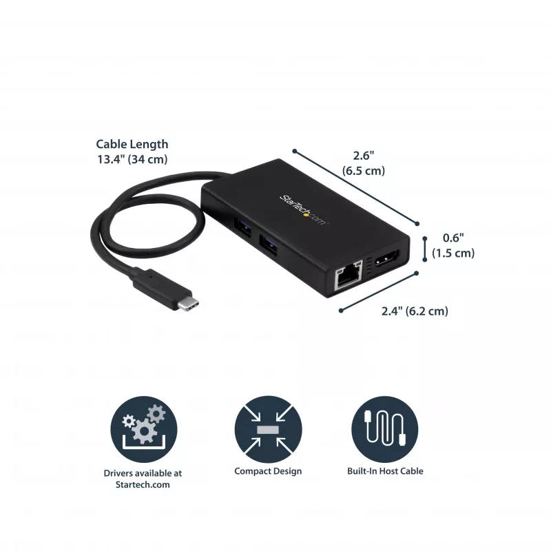 StarTech.com Adaptador multipuerto USB-C – Estación de acoplamiento de viaje USB-C con HDMI 4K – Power Delivery Pass-Through de 60 W, GbE, 2 puertos USB-A 3.0 Hub – Mini dock USB Type-C portátil para portátiles