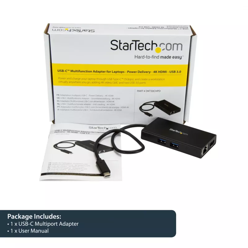 StarTech.com Adaptador multipuerto USB-C – Estación de acoplamiento de viaje USB-C con HDMI 4K – Power Delivery Pass-Through de 60 W, GbE, 2 puertos USB-A 3.0 Hub – Mini dock USB Type-C portátil para portátiles