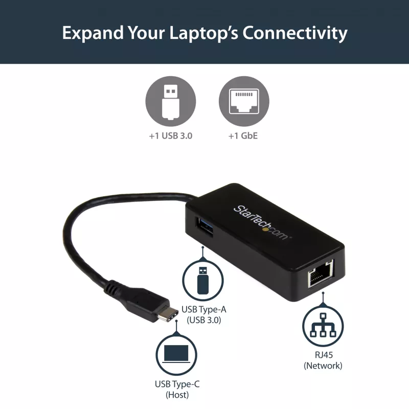 StarTech.com Adaptador de red USB-C a Gigabit con puerto USB 3.0 adicional