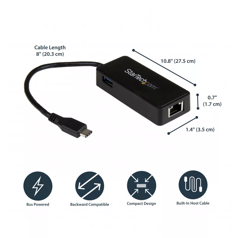StarTech.com Adaptador de red USB-C a Gigabit con puerto USB 3.0 adicional