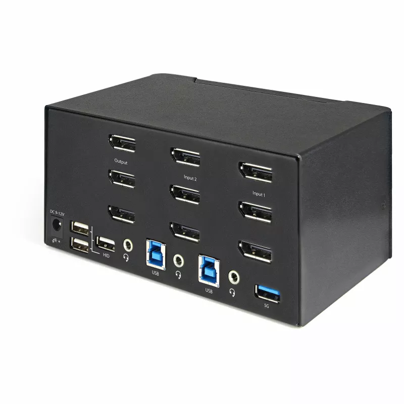 StarTech.com Conmutador KVM DisplayPort de 2 puertos para triple monitor – 4K 60Hz UHD HDR – KVM DP 1.2 de sobremesa con hub USB 3.0 de 2 puertos (5 Gbit/s) y 4 puertos USB 2.0 HID, audio – Conmutación por tecla de acceso rápido – TAA