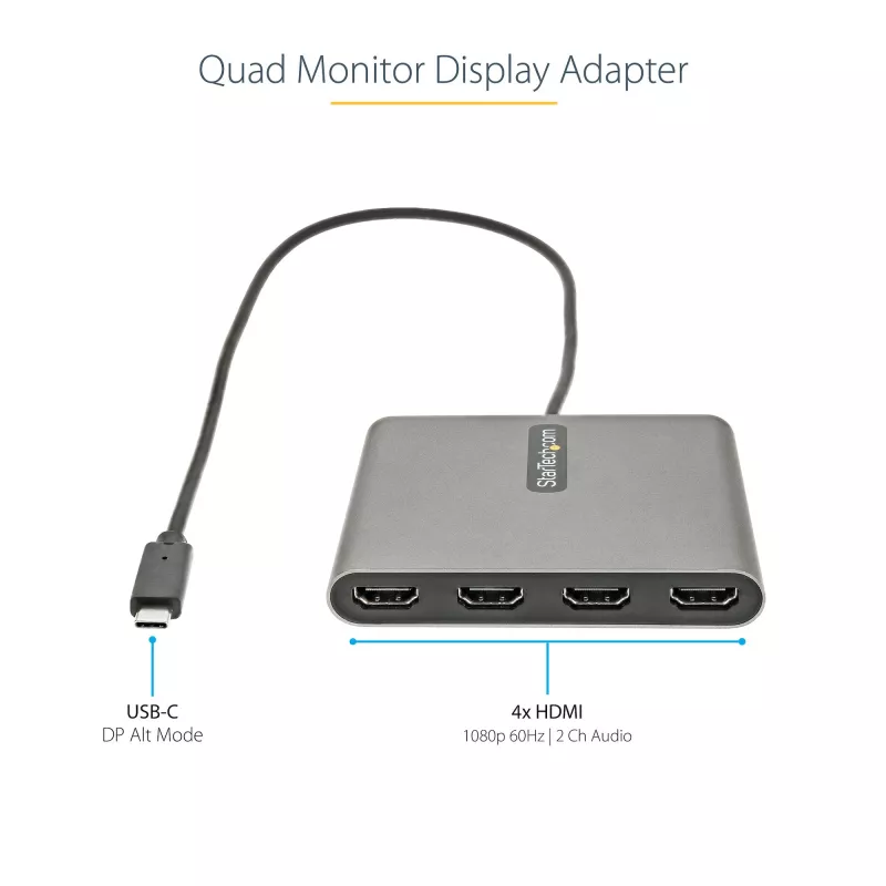 StarTech.com Adaptador USB-C a Quad HDMI, convertidor USB-C a 4x monitor HDMI para Windows (sin soporte para macOS/ChromeOS/Linux) - TAA