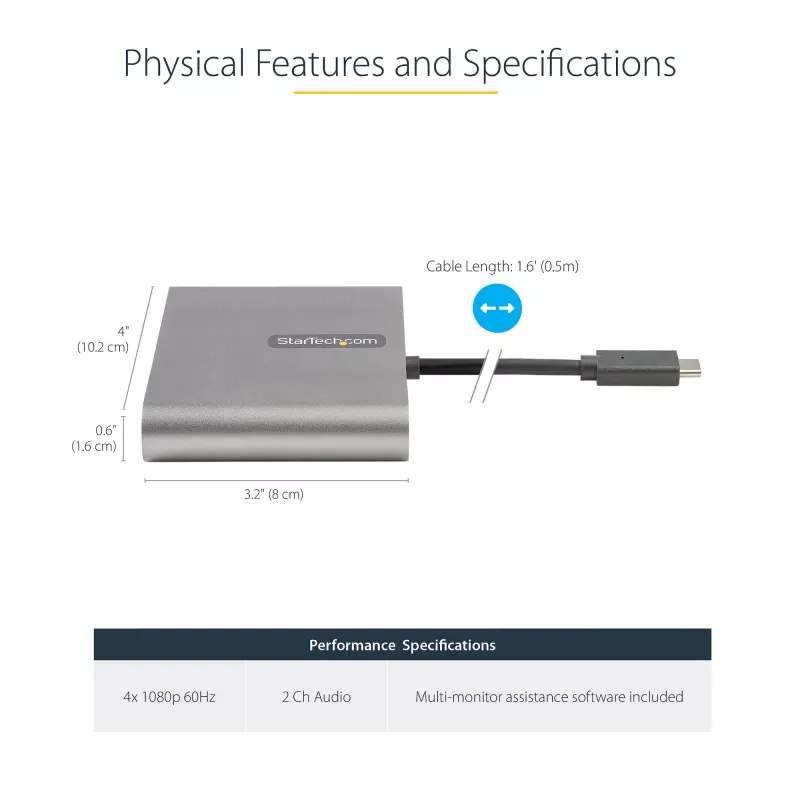 StarTech.com Adaptador USB-C a Quad HDMI, convertidor USB-C a 4x monitor HDMI para Windows (sin soporte para macOS/ChromeOS/Linux) - TAA