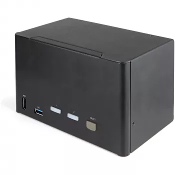 StarTech.com Conmutador KVM DisplayPort de 2 puertos para cuatro monitores – 4K 60Hz UHD HDR – KVM DP 1.2 4K de sobremesa con hub USB 3.0 de 2 puertos (5 Gbit/s) y 4 puertos USB 2.0 HID, audio – Conmutación por tecla de acceso rápido – TAA