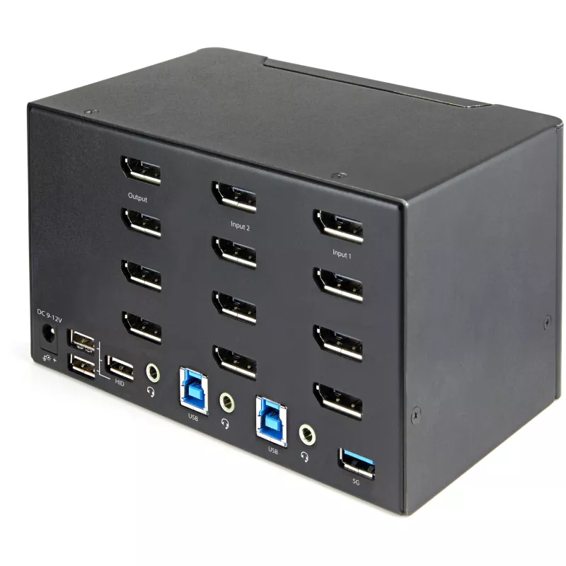 StarTech.com Conmutador KVM DisplayPort de 2 puertos para cuatro monitores – 4K 60Hz UHD HDR – KVM DP 1.2 4K de sobremesa con hub USB 3.0 de 2 puertos (5 Gbit/s) y 4 puertos USB 2.0 HID, audio – Conmutación por tecla de acceso rápido – TAA