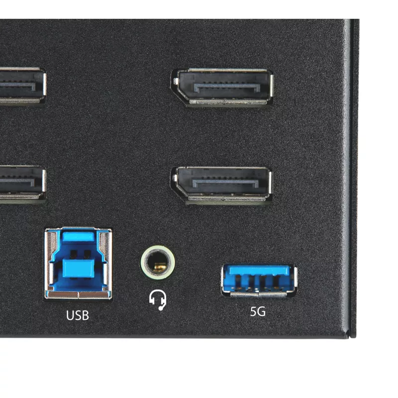 StarTech.com Conmutador KVM DisplayPort de 2 puertos para cuatro monitores – 4K 60Hz UHD HDR – KVM DP 1.2 4K de sobremesa con hub USB 3.0 de 2 puertos (5 Gbit/s) y 4 puertos USB 2.0 HID, audio – Conmutación por tecla de acceso rápido – TAA