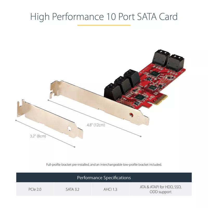 StarTech.com Tarjeta SATA PCIe - Tarjeta de expansión PCIe SATA de 10 puertos - 6 Gbit/s - Perfil bajo/completo - Conectores SATA apilados - ASM1062 Non-RAID - Convertidor/adaptador PCI Express a SATA
