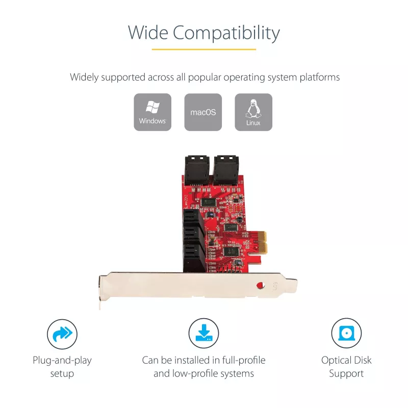 StarTech.com Tarjeta SATA PCIe - Tarjeta de expansión PCIe SATA de 10 puertos - 6 Gbit/s - Perfil bajo/completo - Conectores SATA apilados - ASM1062 Non-RAID - Convertidor/adaptador PCI Express a SATA