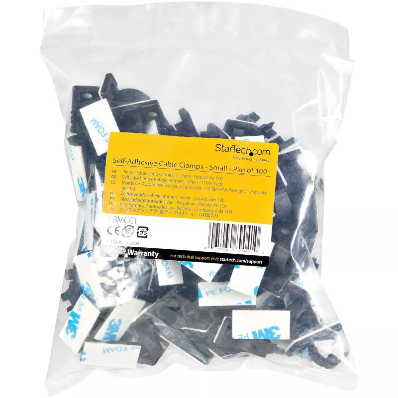 StarTech.com 100 clips autoadhesivos para gestión de cables negro – organizador de cables de red/Ethernet/escritorio/ordenador – soporte adhesivo para cables – clip autoadhesivo de nailon UL/94V-2 ignífugo