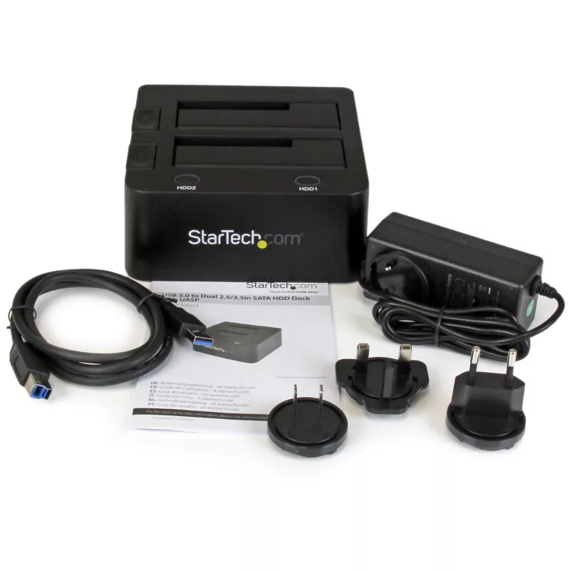 StarTech.com base de acoplamiento para discos duros Dual-Bay USB 3.0 a SATA, dock USB para discos duros, base de acoplamiento externa para SSD/HDD SATA I/II/III de 2,5/3,5 pulgadas, bahía de disco duro hot-swap, carga superior