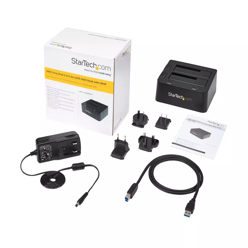 StarTech.com base de acoplamiento para discos duros Dual-Bay USB 3.0 a SATA, dock USB para discos duros, base de acoplamiento externa para SSD/HDD SATA I/II/III de 2,5/3,5 pulgadas, bahía de disco duro hot-swap, carga superior