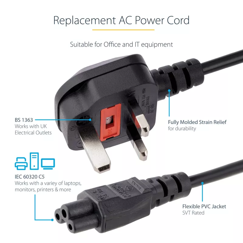 StarTech.com cable de alimentación para portátil UK de 1,8 m (6 ft), BS 1363 a C5 (trébol), 2,5 A 250 V, 18 AWG, cable de repuesto para portátil UK, cable de alimentación para impresora, cable de carga para portátil, cable de fuente de alimentación para portátil