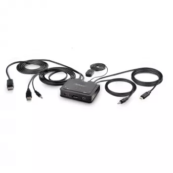 StarTech.com switch KVM de 2 puertos híbrido USB-C DisplayPort con cables, 4K 60Hz, switch KVM compacto con cables integrados de 1,8 m USB-A/DisplayPort/audio y 1,2 m USB-C host, alimentado por bus – botón de control remoto/conmutación por tecla de acceso rápido