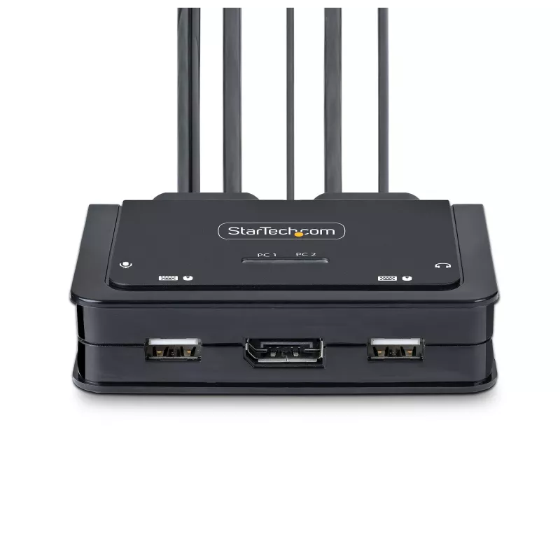 StarTech.com switch KVM de 2 puertos híbrido USB-C DisplayPort con cables, 4K 60Hz, switch KVM compacto con cables integrados de 1,8 m USB-A/DisplayPort/audio y 1,2 m USB-C host, alimentado por bus – botón de control remoto/conmutación por tecla de acceso rápido