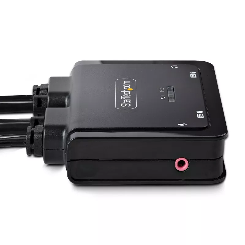 StarTech.com switch KVM de 2 puertos híbrido USB-C DisplayPort con cables, 4K 60Hz, switch KVM compacto con cables integrados de 1,8 m USB-A/DisplayPort/audio y 1,2 m USB-C host, alimentado por bus – botón de control remoto/conmutación por tecla de acceso rápido