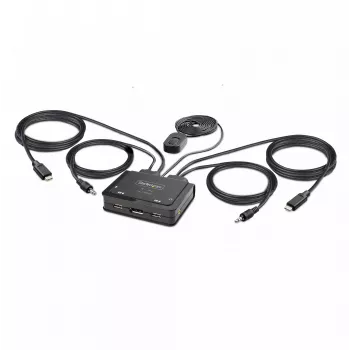 StarTech.com switch KVM de 2 puertos USB-C con cables, salida DisplayPort 4K 60Hz, KVM compacto con cables integrados de 1,2 m USB Type-C/audio, alimentado por bus - botón de control remoto/conmutación por tecla de acceso rápido