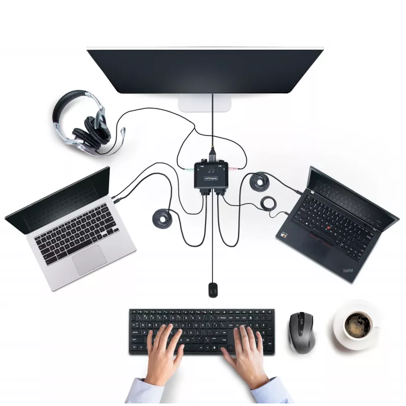 StarTech.com switch KVM de 2 puertos USB-C con cables, salida DisplayPort 4K 60Hz, KVM compacto con cables integrados de 1,2 m USB Type-C/audio, alimentado por bus - botón de control remoto/conmutación por tecla de acceso rápido
