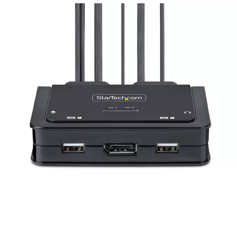 StarTech.com switch KVM de 2 puertos USB-C con cables, salida DisplayPort 4K 60Hz, KVM compacto con cables integrados de 1,2 m USB Type-C/audio, alimentado por bus - botón de control remoto/conmutación por tecla de acceso rápido
