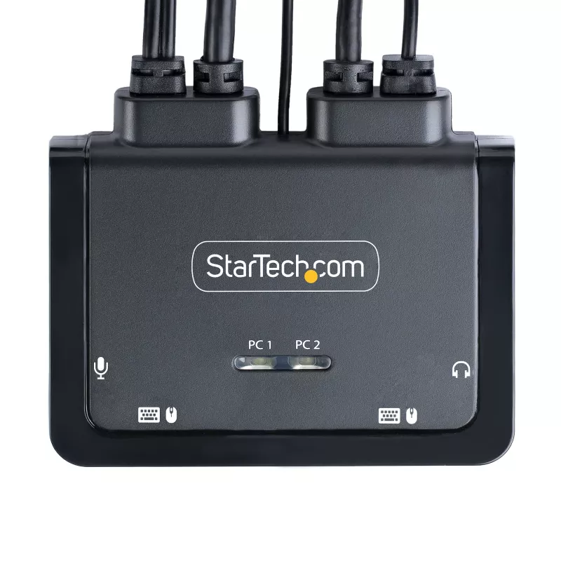 StarTech.com switch KVM de 2 puertos USB-C con cables, salida DisplayPort 4K 60Hz, KVM compacto con cables integrados de 1,2 m USB Type-C/audio, alimentado por bus - botón de control remoto/conmutación por tecla de acceso rápido