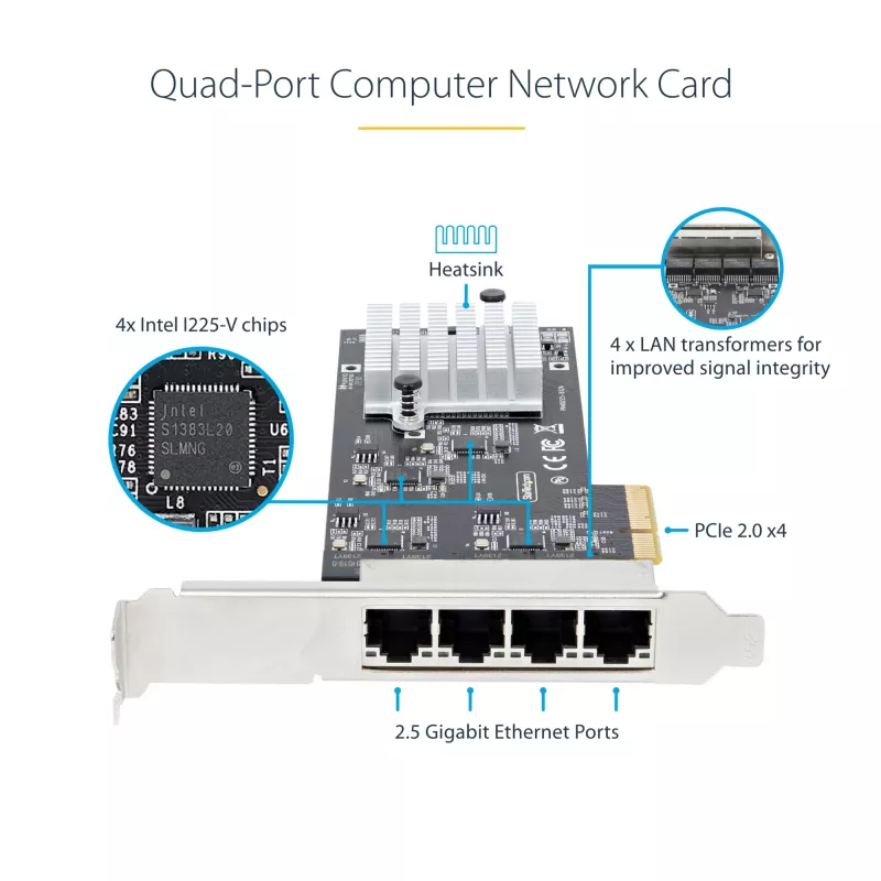 StarTech.com tarjeta de red PCIe 4 puertos 2,5 Gbit/s NBASE-T, Intel I225-V, tarjeta de red para ordenador de cuatro puertos, NIC multi-gigabit, tarjeta LAN PCI Express para servidor, interfaz Ethernet para sobremesa