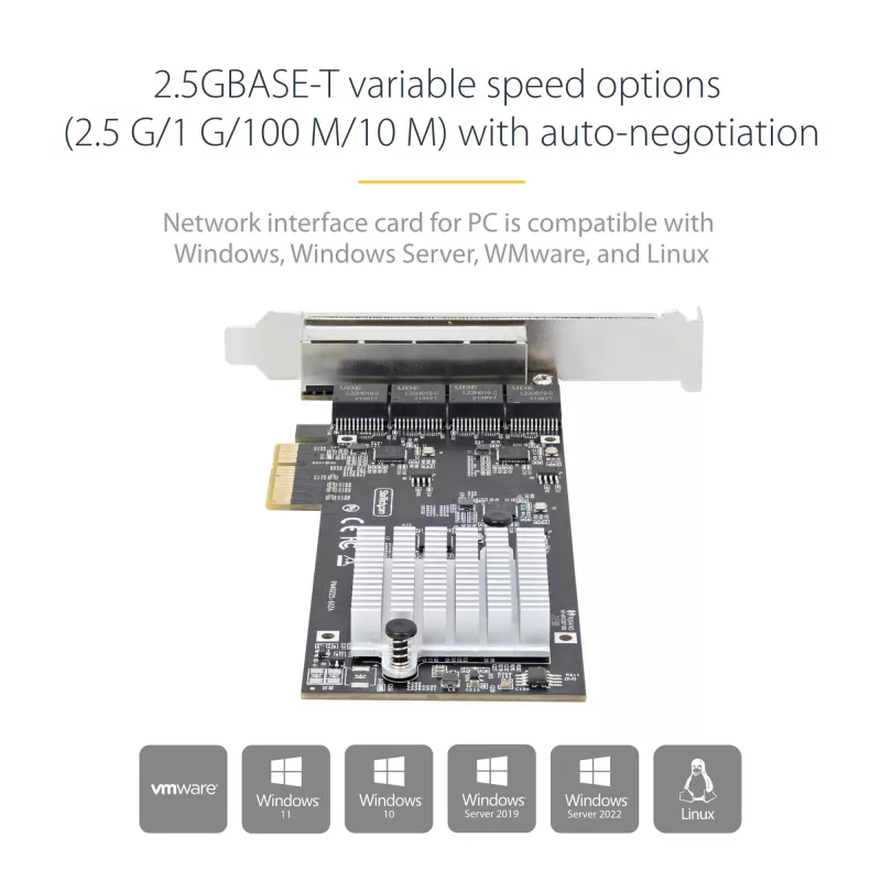 StarTech.com tarjeta de red PCIe 4 puertos 2,5 Gbit/s NBASE-T, Intel I225-V, tarjeta de red para ordenador de cuatro puertos, NIC multi-gigabit, tarjeta LAN PCI Express para servidor, interfaz Ethernet para sobremesa