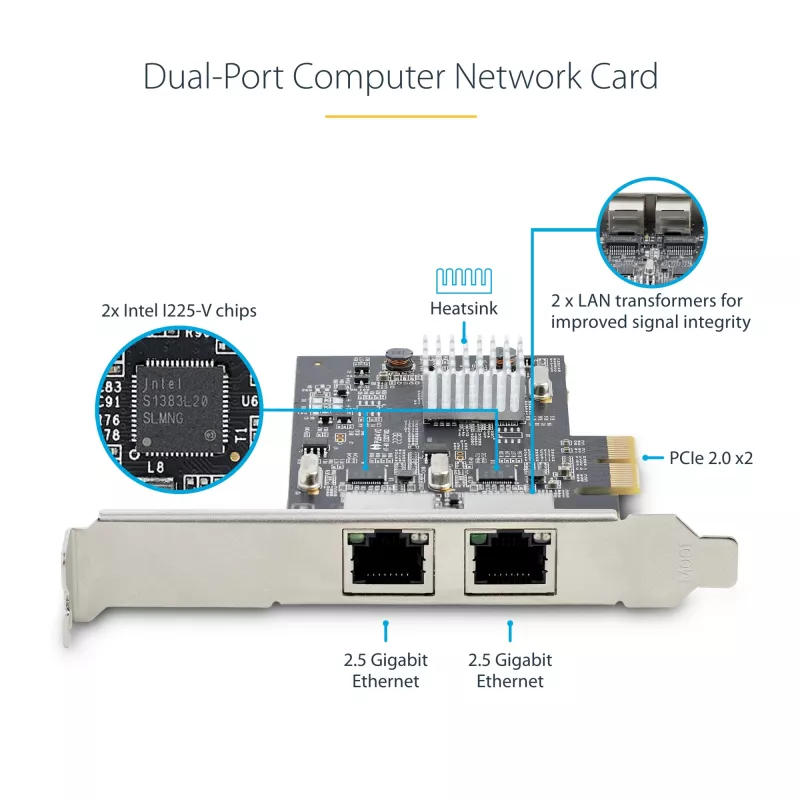 StarTech.com tarjeta de red PCIe 2 puertos 2.5Gbps NBASE-T, Intel I225-V, tarjeta de red para ordenador de dos puertos, NIC multi-gigabit, tarjeta LAN PCI Express para servidor, interfaz Ethernet para sobremesa