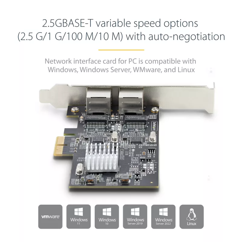 StarTech.com tarjeta de red PCIe 2 puertos 2.5Gbps NBASE-T, Intel I225-V, tarjeta de red para ordenador de dos puertos, NIC multi-gigabit, tarjeta LAN PCI Express para servidor, interfaz Ethernet para sobremesa