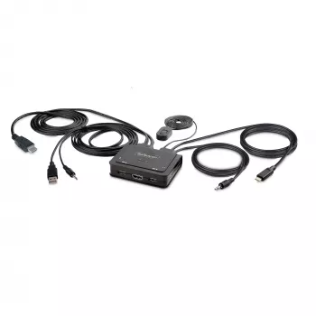 StarTech.com switch KVM de 2 puertos híbrido USB-C HDMI con cables, 4K 60Hz, KVM compacto con cables integrados de 6ft/1,8m USB-A/HDMI/audio y 4ft/1,2m USB-C host, alimentado por bus - botón de control remoto/conmutación por tecla de acceso rápido