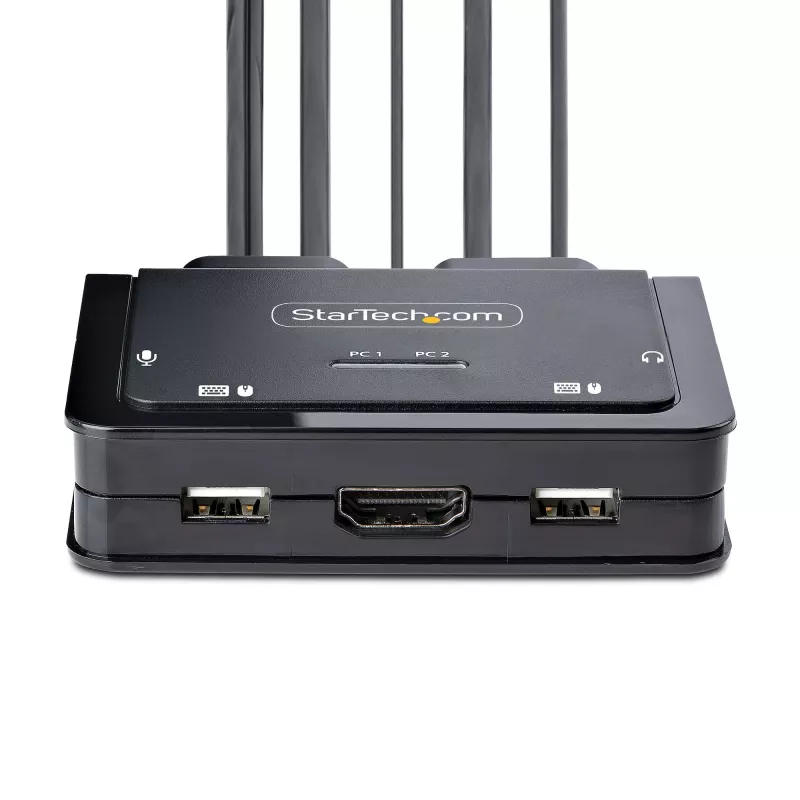StarTech.com switch KVM de 2 puertos híbrido USB-C HDMI con cables, 4K 60Hz, KVM compacto con cables integrados de 6ft/1,8m USB-A/HDMI/audio y 4ft/1,2m USB-C host, alimentado por bus - botón de control remoto/conmutación por tecla de acceso rápido