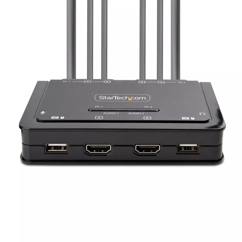 StarTech.com switch KVM de 2 puertos HDMI con cables para doble monitor, 4K 60Hz, KVM compacto con cables integrados de 1,5 m USB-A/HDMI/audio, alimentado por bus – botón de control remoto/conmutación por tecla de acceso rápido