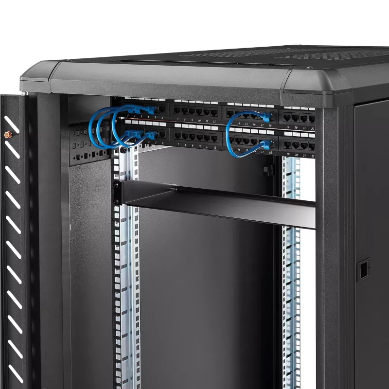 StarTech.com CABSHELF1U bandeja para rack de servidor 1U, bandeja voladiza fija para rack/armario de 19 pulgadas, 17,7 cm (7 pulgadas) de profundidad, capacidad de 15 kg (33 lb), con tuercas enjauladas y tornillos, negra
