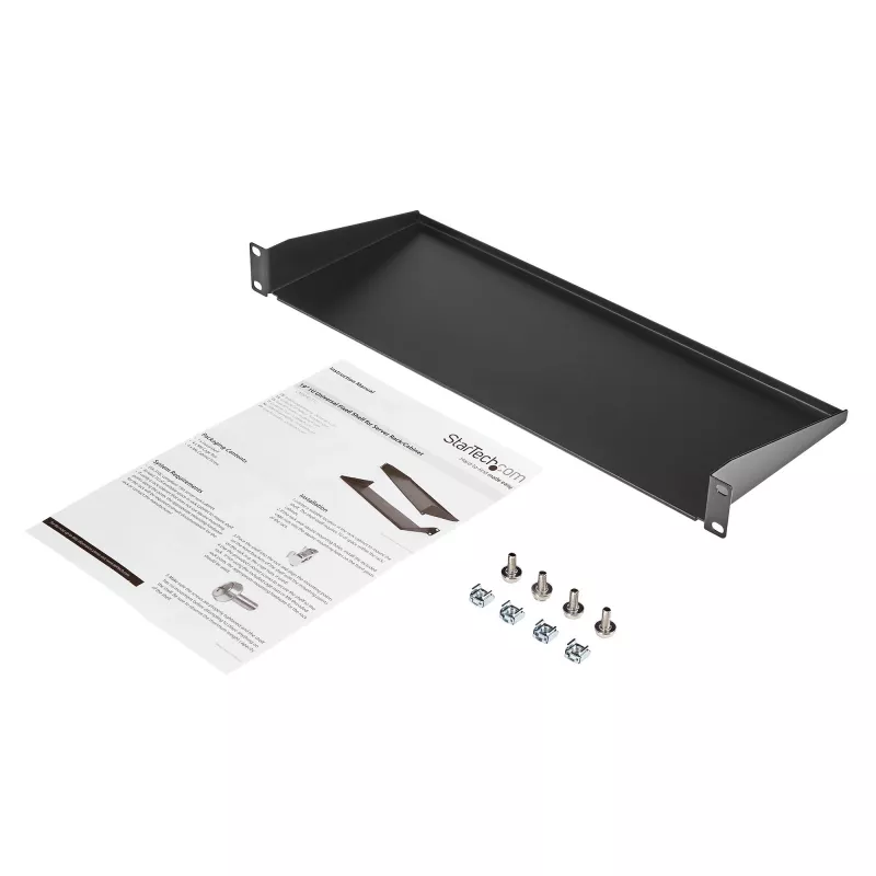 StarTech.com CABSHELF1U bandeja para rack de servidor 1U, bandeja voladiza fija para rack/armario de 19 pulgadas, 17,7 cm (7 pulgadas) de profundidad, capacidad de 15 kg (33 lb), con tuercas enjauladas y tornillos, negra