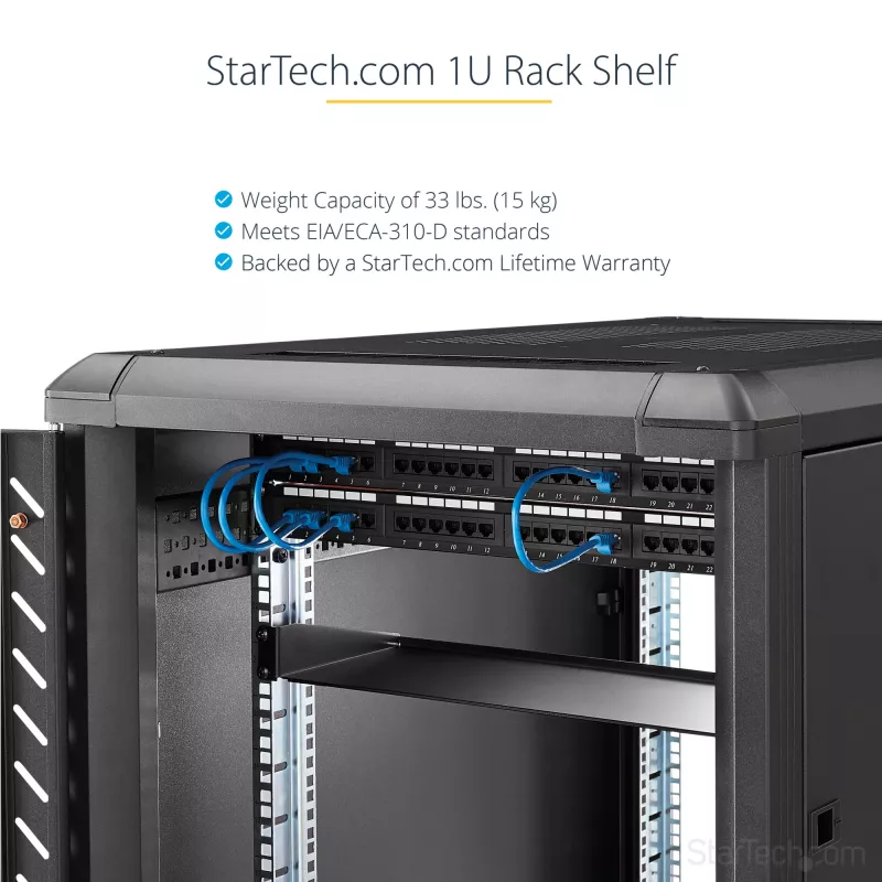 StarTech.com CABSHELF1U bandeja para rack de servidor 1U, bandeja voladiza fija para rack/armario de 19 pulgadas, 17,7 cm (7 pulgadas) de profundidad, capacidad de 15 kg (33 lb), con tuercas enjauladas y tornillos, negra