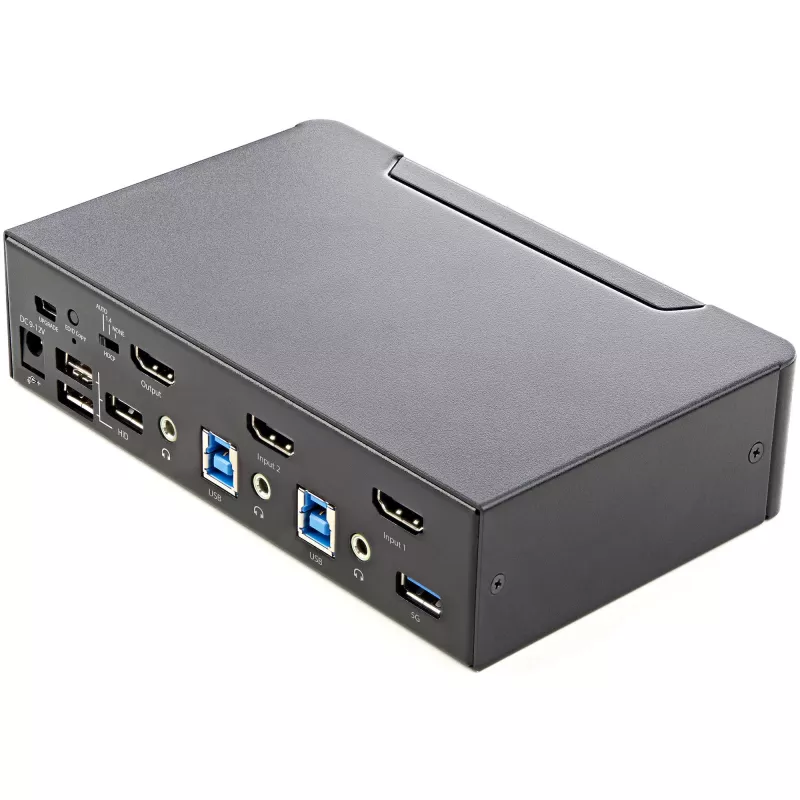 StarTech.com switch KVM HDMI de 2 puertos - monitor único 4K 60Hz Ultra HD HDR - switch KVM HDMI 2.0 para sobremesa con hub USB 3.0 de 2 puertos (5 Gbit/s) y 4x USB 2.0 HID, audio - conmutación por tecla de acceso rápido - TAA