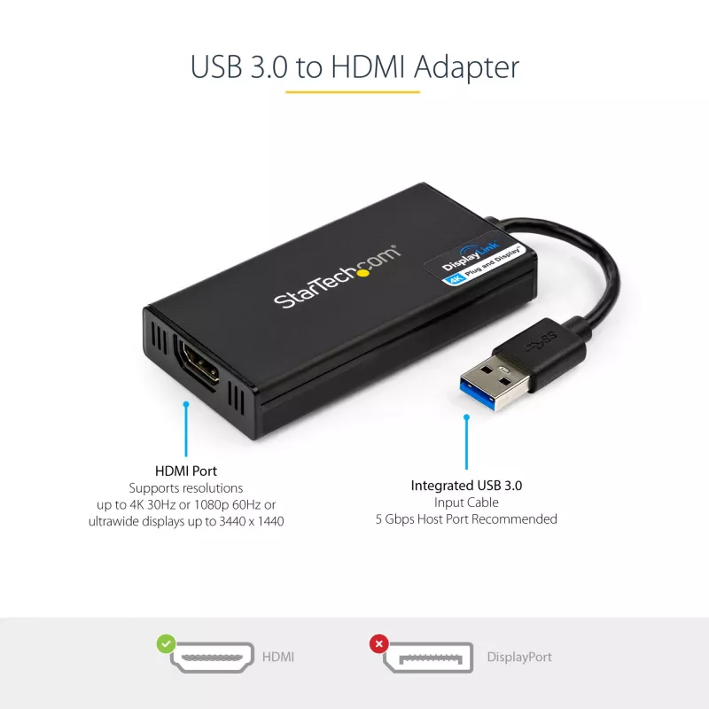 StarTech.com adaptador USB 3.0 a HDMI - 4K 30Hz Ultra HD - certificado DisplayLink - adaptador convertidor USB Type-A a HDMI para monitor - tarjeta gráfica y de vídeo externa - Mac y Windows