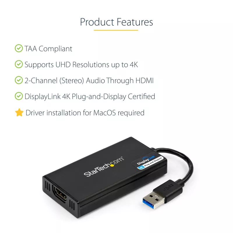 StarTech.com adaptador USB 3.0 a HDMI - 4K 30Hz Ultra HD - certificado DisplayLink - adaptador convertidor USB Type-A a HDMI para monitor - tarjeta gráfica y de vídeo externa - Mac y Windows