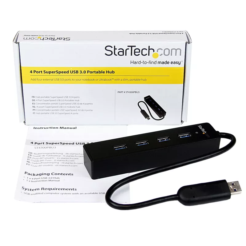 StarTech.com hub USB 3.0 SuperSpeed portátil de 4 puertos con cable integrado