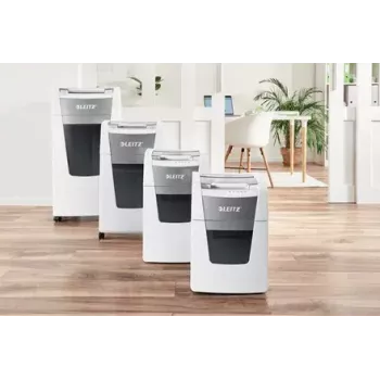 Destructora de papel LEITZ IQ Autofeed Small Office 100, corte cruzado P-4, 8 hojas, 22 cm de entrada, depósito 34 L, gris