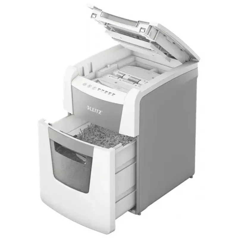 Destructora de papel LEITZ IQ Autofeed Small Office 100, corte cruzado P-4, 8 hojas, 22 cm de entrada, depósito 34 L, gris