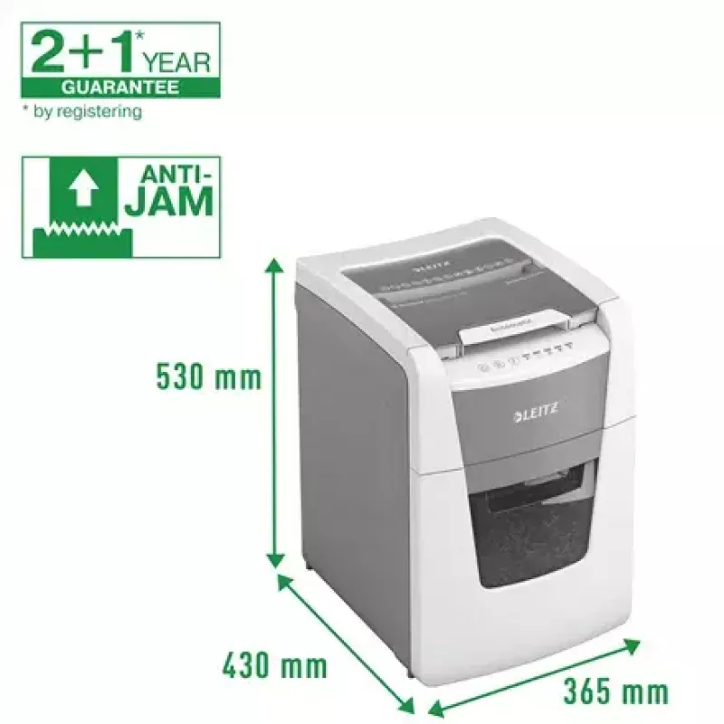 Destructora de papel LEITZ IQ Autofeed Small Office 100, corte cruzado P-4, 8 hojas, 22 cm de entrada, depósito 34 L, gris