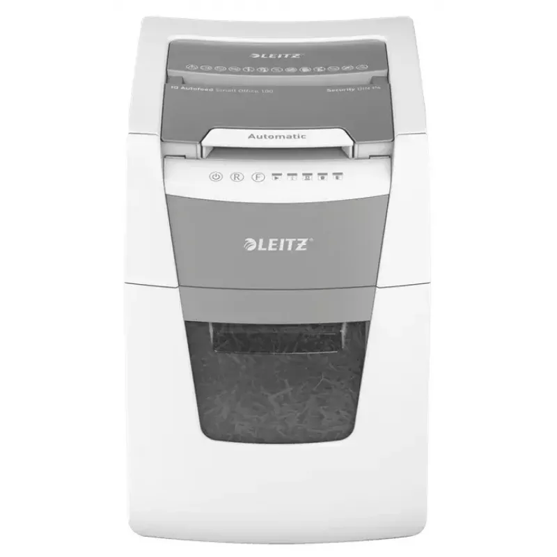 Destructora de papel LEITZ IQ Autofeed Small Office 100, corte cruzado P-4, 8 hojas, 22 cm de entrada, depósito 34 L, gris